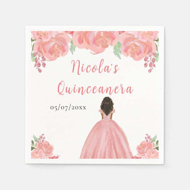 Dark Skin Princess Pink Floral Quinceanera Pappersservett (Framsidan)