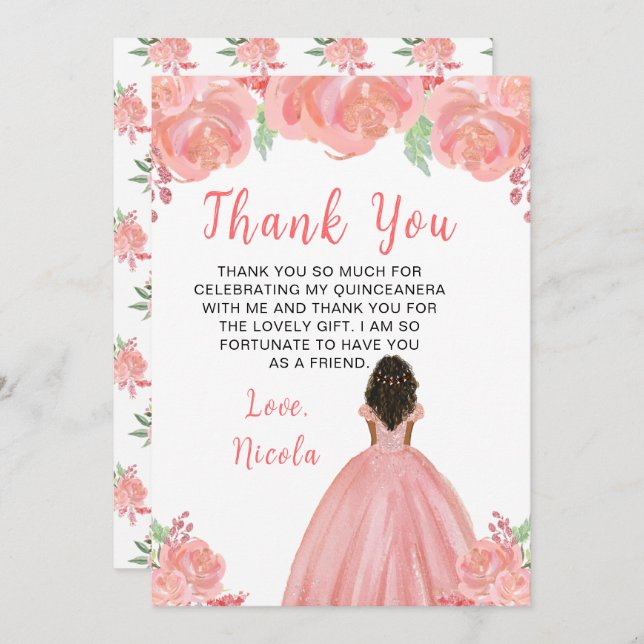 Dark Skin Princess Pink Floral Quinceanera Tack Kort (Fram/baksida)