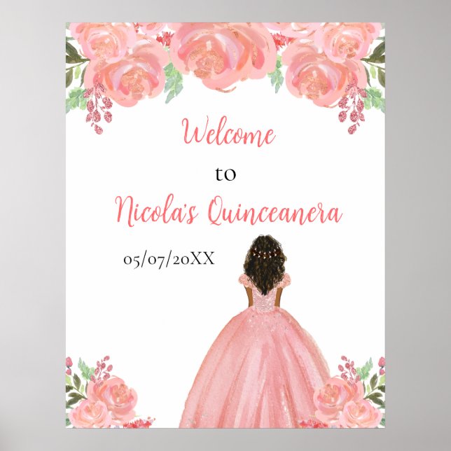 Dark Skin Princess Pink Quinceanera Welcome Poster (Framsidan)