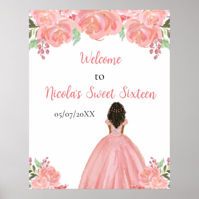 Dark Skin Princess Pink Sweet Sixteen Welcome Poster (Framsidan)