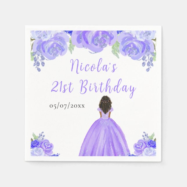 Dark Skin Princess Purple Floral Birthday Party Pappersservett (Framsidan)