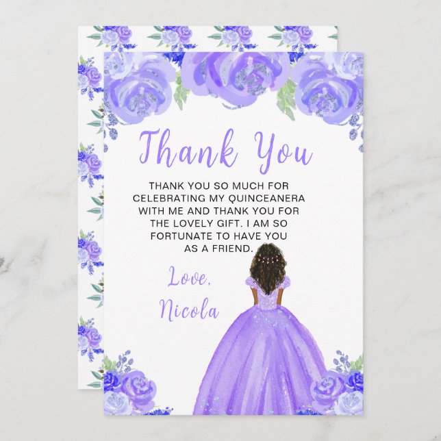 Dark Skin Princess Purple Floral Quinceanera Tack Kort (Fram/baksida)