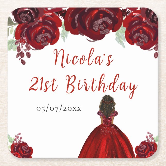 Dark Skin Princess Red Floral Birthday Underlägg Papper Kvadrat (Framsidan)