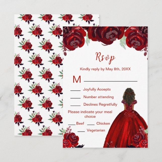 Dark Skin Princess Red Floral Sweet Sixteen OSA Kort (Fram/baksida)