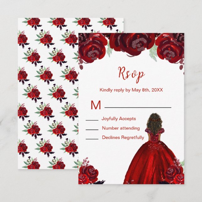 Dark Skin Princess Red Floral Sweet Sixteen OSA Kort (Fram/baksida)