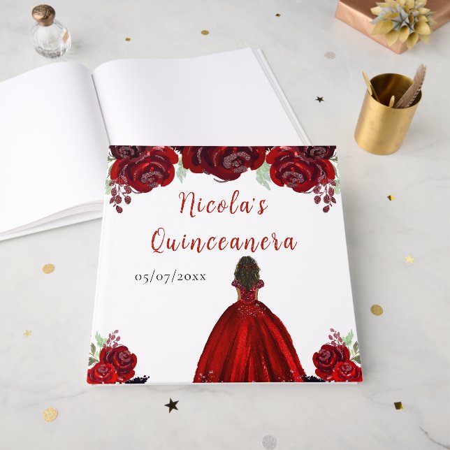 Dark Skin Princess Red Quinceanera Guest Book Gästböcker (Framsidan öppen)