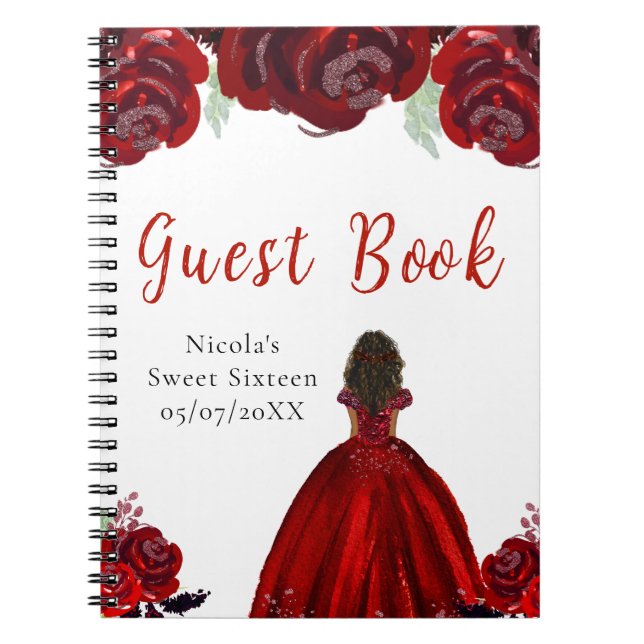Dark Skin Princess Red Sweet Sixteen Guest Book Anteckningsbok (Framsidan)
