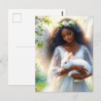 Dark-Skinned Angel Woman Holding Bunny Rabbit Vykort