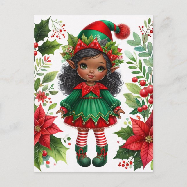 Dark-Skinned Christmas Elf Holiday Vykort (Framsida)
