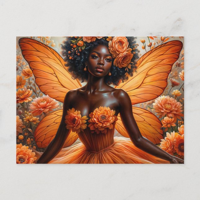Dark-Skinned Fairy With Afro - Orange Floral Vykort (Framsida)