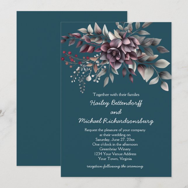 Dark Teal, Burgundy, Dusty Purple, Sage Wedding | Inbjudningar (Fram/baksida)