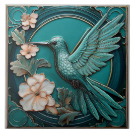 Dark teal faux relief Art Nouveau Hummingbird L Kakelplatta