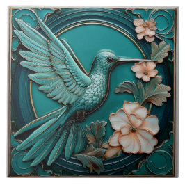 Dark teal faux relief Art Nouveau Hummingbird R Kakelplatta