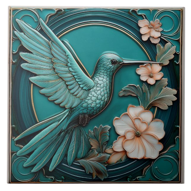 Dark teal faux relief Art Nouveau Hummingbird R Kakelplatta (Framsidan)