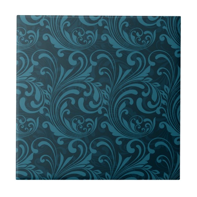 Dark teal floral damask pattern kakelplatta (Framsidan)