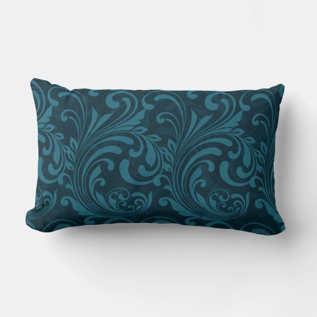 Dark teal floral damask pattern lumbarkudde (Framsida)