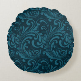 Dark teal floral damask pattern rund kudde