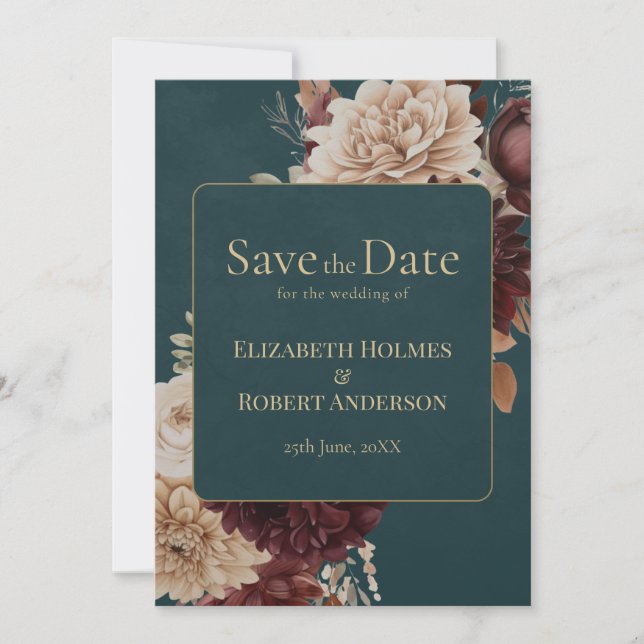 Dark Teal Floral Gothic Save the Date Inbjudningar (Framsida)