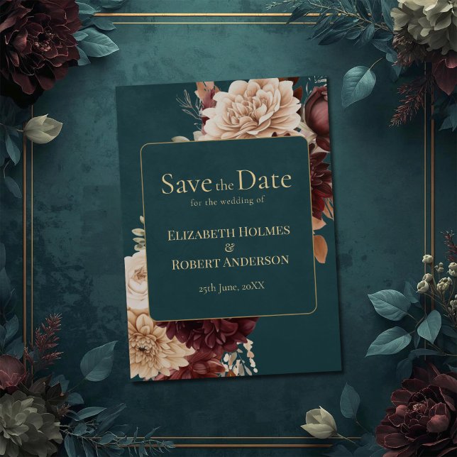Dark Teal Floral Gothic Save the Date Inbjudningar (Dark Teal Floral Gothic Save the Date Invitation on a teal wedding table with vintage flowers)