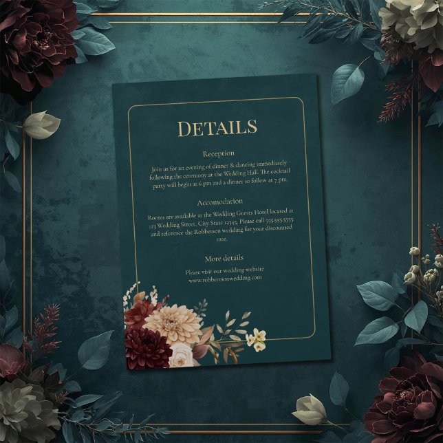 Dark Teal Floral Gothic Wedding Details Card Inbjudningar (Dark Teal Floral Gothic Wedding Details Card on a teal wedding table with vintage flowers.)