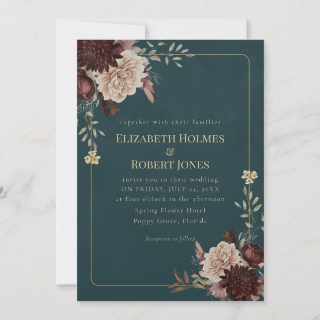 Dark Teal Floral Gothic Wedding Invitation Inbjudningar (Framsida)