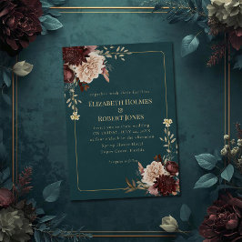 Dark Teal Floral Gothic Wedding Invitation Inbjudningar