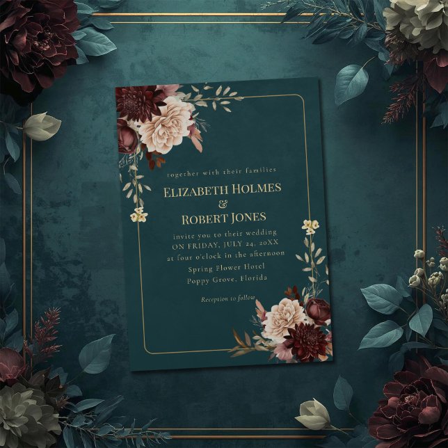 Dark Teal Floral Gothic Wedding Invitation Inbjudningar (Dark Teal Floral Gothic Wedding Invitation on a teal wedding table with vintage flowers)