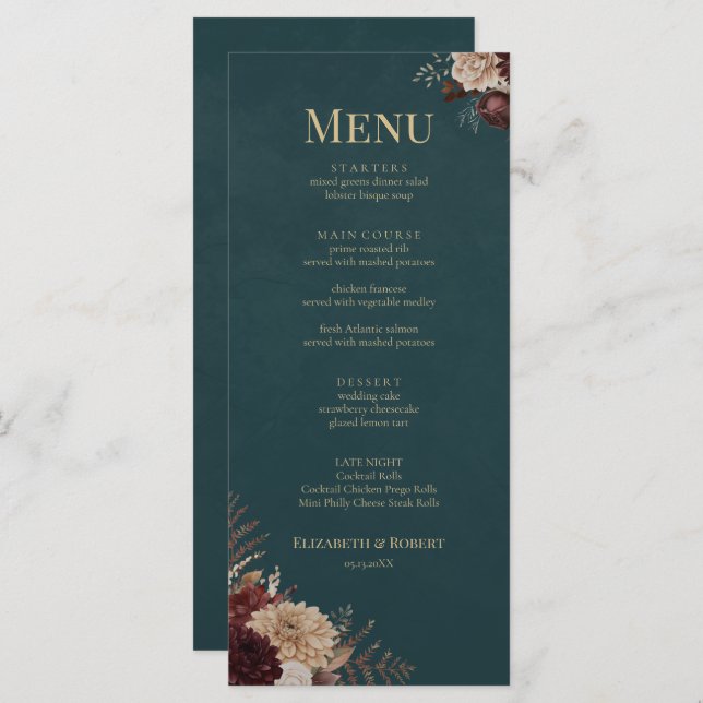 Dark Teal Floral Gothic Wedding Menu Meny (Fram/baksida)