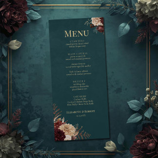 Dark Teal Floral Gothic Wedding Menu Meny