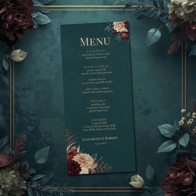 Dark Teal Floral Gothic Wedding Menu Meny (Dark Teal Floral Gothic Wedding Menu on a teal vintage wedding table with flowers)