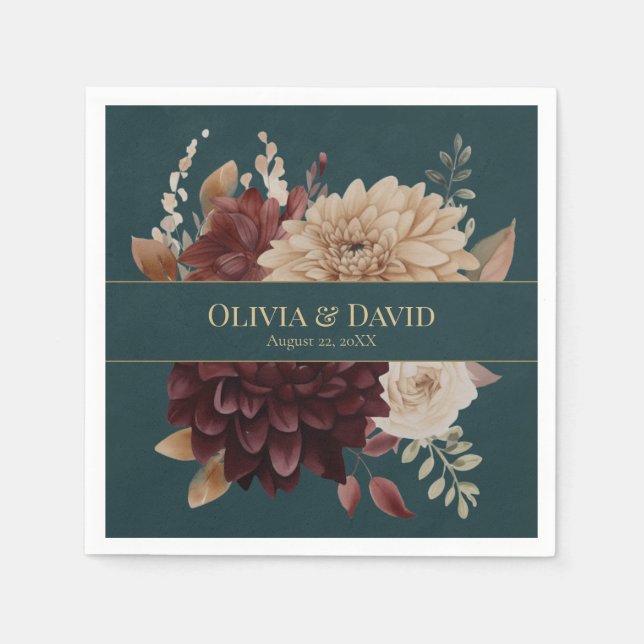 Dark Teal Floral Gothic Wedding Napkins Pappersservett (Framsidan)