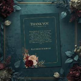 Dark Teal Floral Gothic Wedding Thank You Card Tack Kort