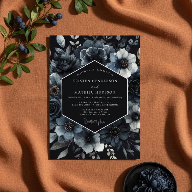 Dark Teal Floral Romance Wedding Inbjudningar (Skapare uppladdad)