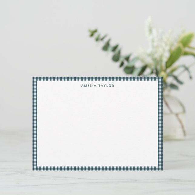 Dark Teal Gingham Border Personalized Stationery Anteckningskort (Stående Fram)