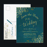 Dark Teal & Gold Calligraphy Wedding Save the Date Meddelande Vykort<br><div class="desc">This beautiful save the date postcard will give your friends and family advance notice of your upcoming wedding. It boasts a beautiful design featuring lacy calligraphy with swashes or flourishes on the ends of the letters. The background is a marbled dark teal color, and there are decorative gold faux foil...</div>
