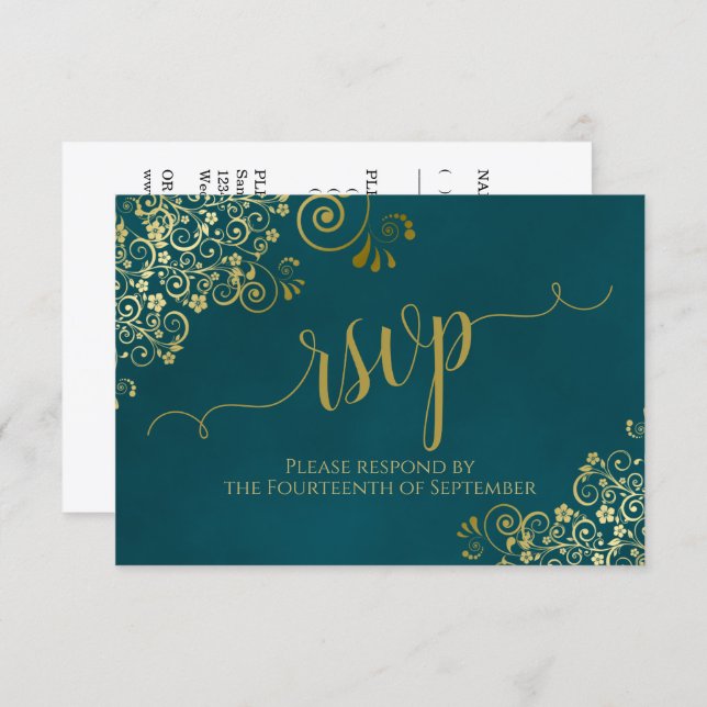 Dark Teal & Gold Elegant Lacy Calligraphy Wedding OSA Kort (Fram/baksida)