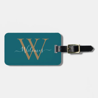 Dark Teal Gold Monogram Script Name Stylish Bagagebricka
