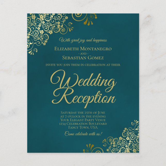 Dark Teal & Gold Wedding Reception BUDGET Invite (Framsida)