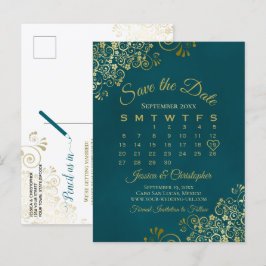 Dark Teal & Gold Wedding Save the Date Calendar Meddelande Vykort