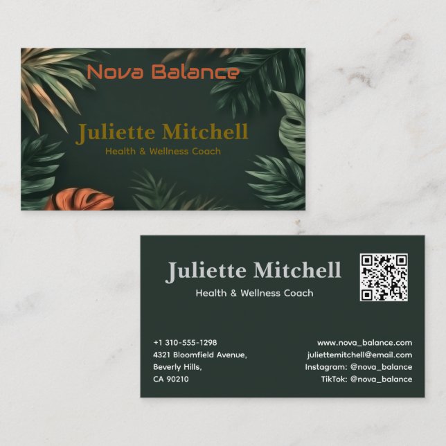 Dark Teal Tropical Elegant Wellness Business Card Visitkort (Fram/baksida)