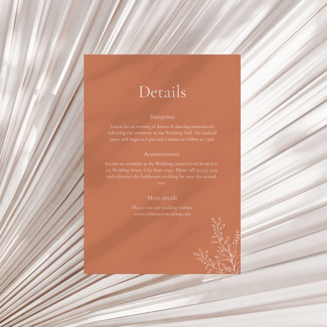 Dark Terracotta Botanical Details Card Inbjudningar (Dark Terracotta Botanical Details Card on a sunny neutral dry palm leaf.)