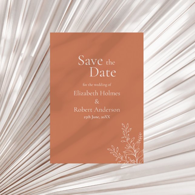 Dark Terracotta Botanical Save the Date Inbjudningar (Dark Terracotta Botanical Save the Date Invitation on a sunny dry palm leaf.)