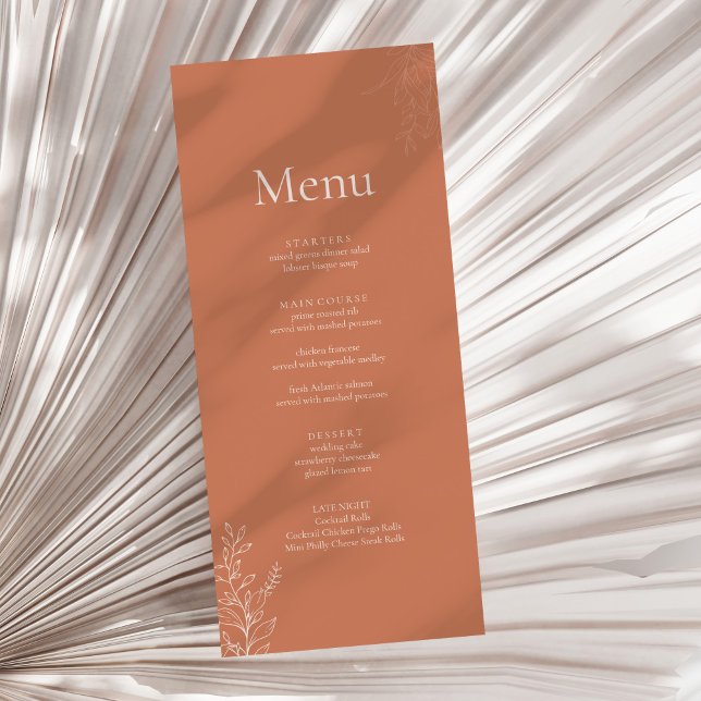 Dark Terracotta Botanical Wedding Menu Meny (Dark Terracotta Botanical Wedding Menu on a sunny neutral dry palm leaf.)