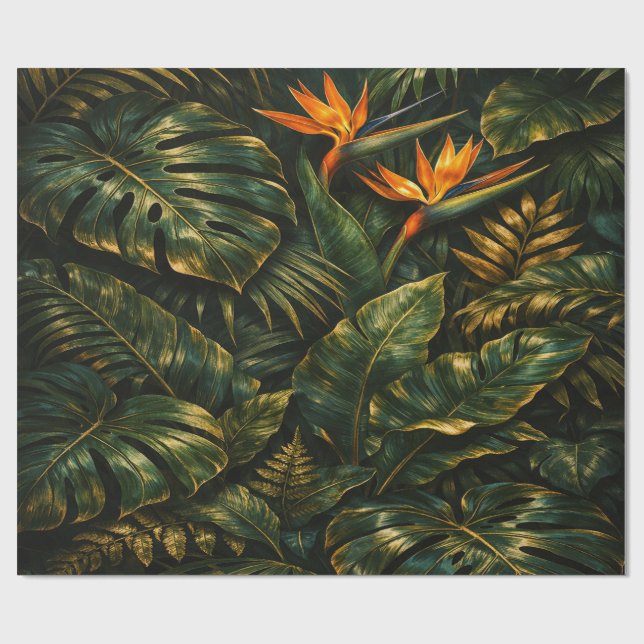 Dark Tropical Monstera Gold Botanical Gift Wrap Presentpapper (Platt)
