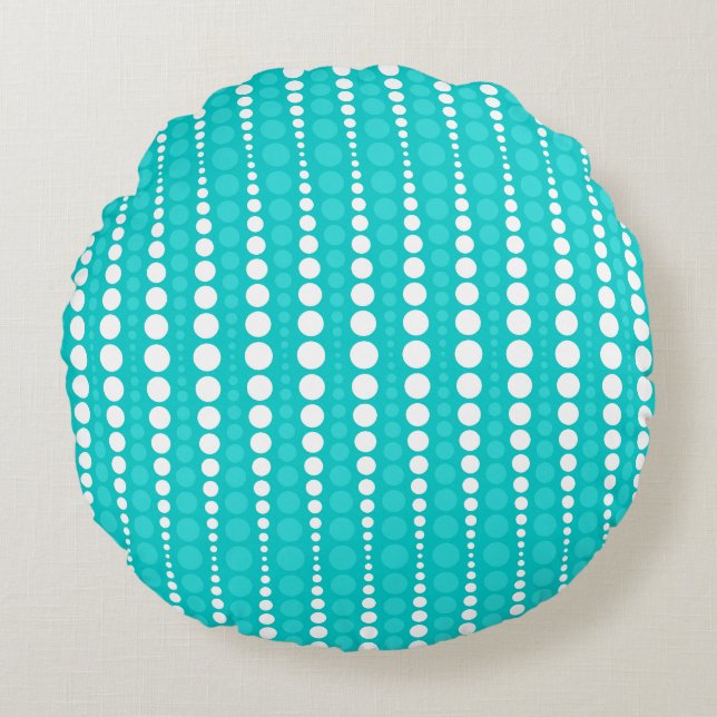 Dark Turquoise and White Polkadots Round Pillow Rund Kudde (Framsidan)