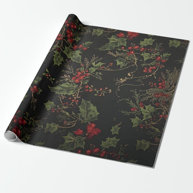 Dark Victorian Crimson Berries & Gold Vine Wrappin Presentpapper (Utrullad)