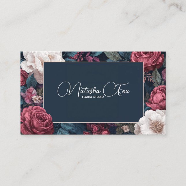 Dark Victorian Rose Floral Navy Blue Frame Visitkort (Framsida)