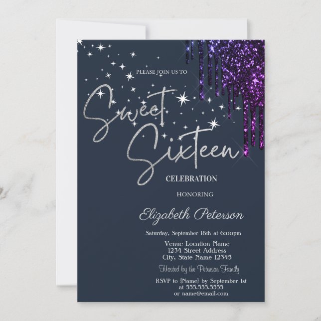 Dark Violet Glitter Drips, Stars Blue Sweet 16  Inbjudningar (Framsida)