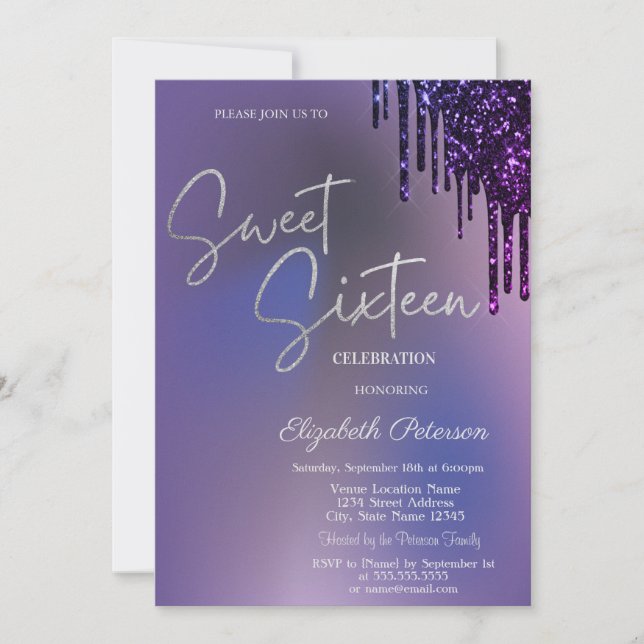 Dark Violet Glitter Drips Violet Sweet 16  Inbjudningar (Framsida)