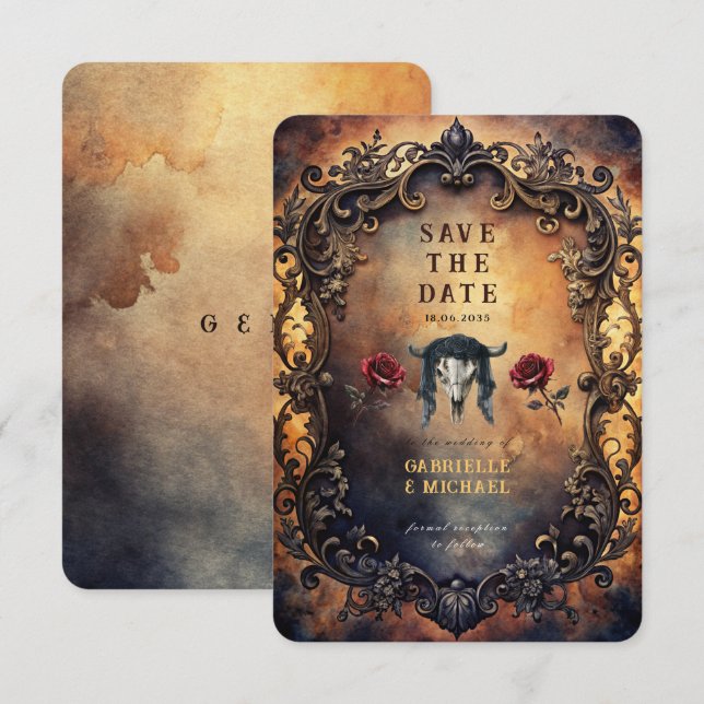 Dark Western Gothic Bull Skull & Velvet Roses Spara Datumet (Fram/baksida)